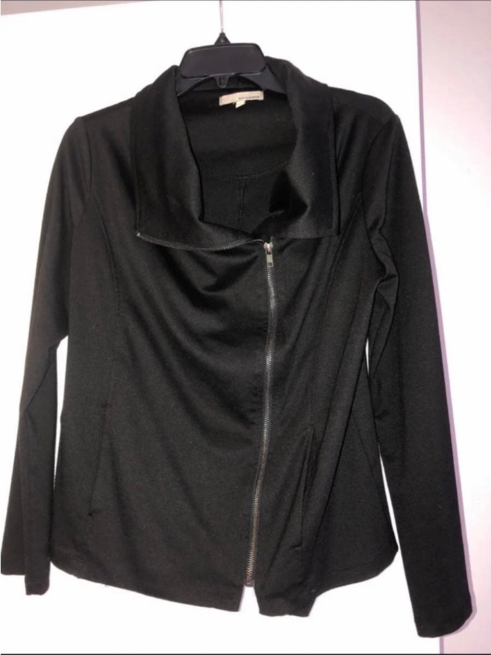 June & Hudson Black Asymmetrical Zip Jacket with Draped Collar
